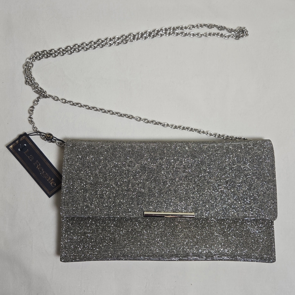 NWT La Regale Silver Hidden Leopard Print Glitter Clutch Or Crossbody Bag